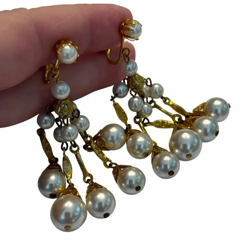 Clip on earrings chandeliers vintage Japan faux pearls gold tone filigree style